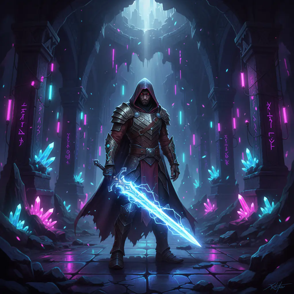 Personagem de jogo mobile em cenário de fantasia neon
